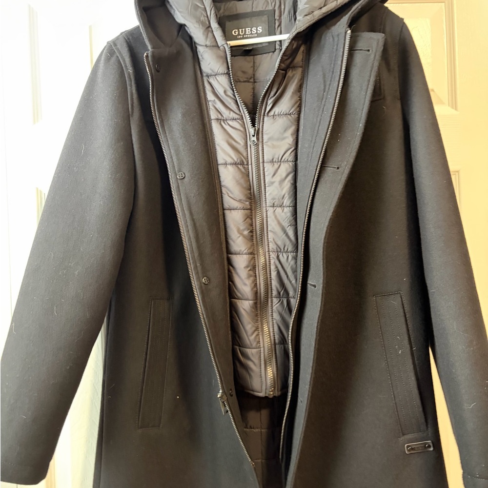 GUESS Men's Black Hooded Trench Coat